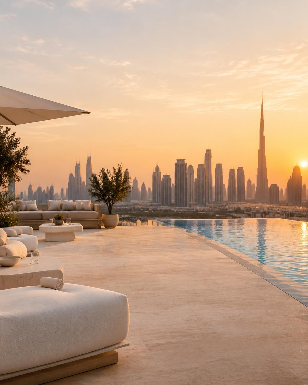 Rooftop terrace with infinity pool overlooking Dubai at sunset