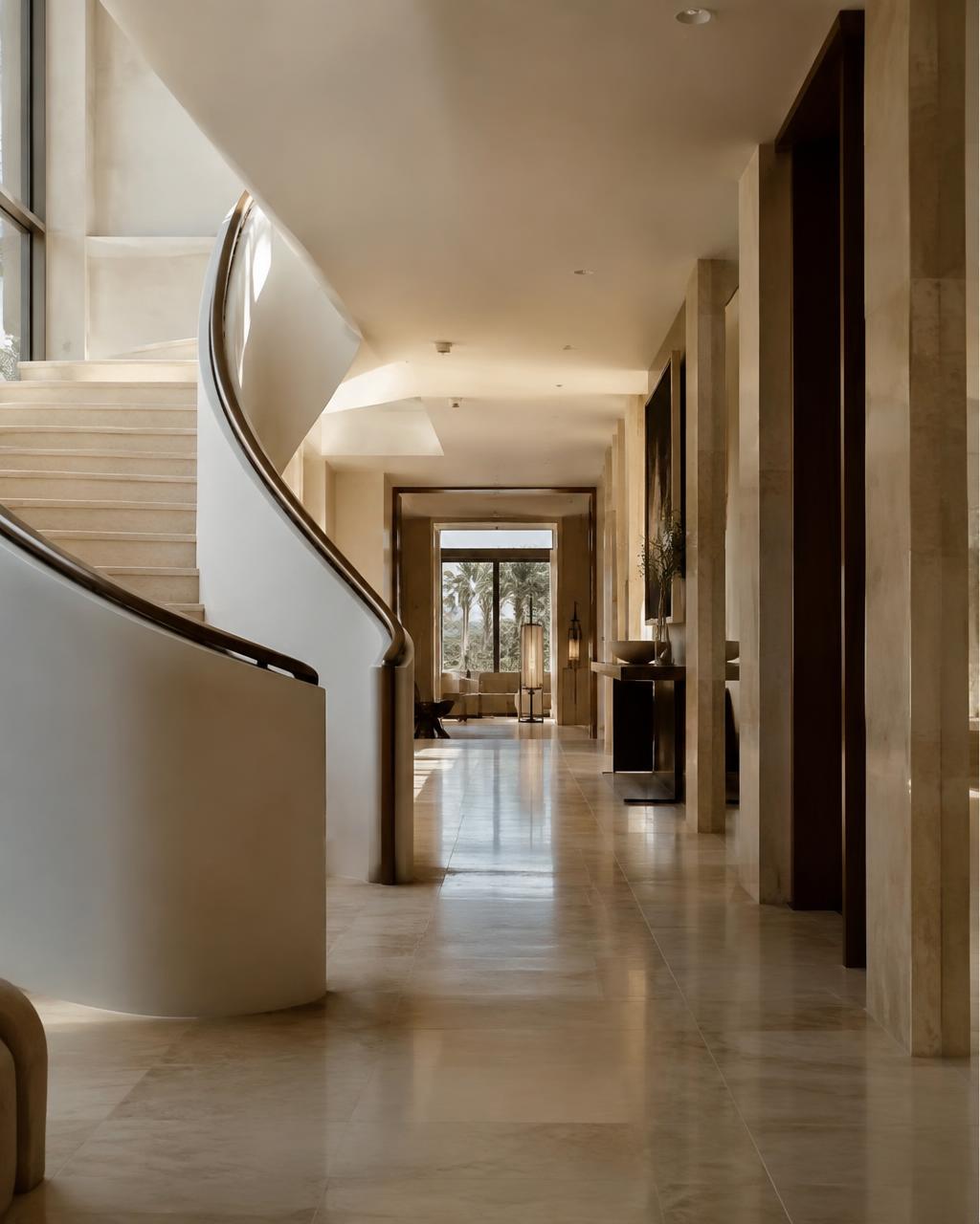 Stone hallway and sculptural staircase of a Dubai villa